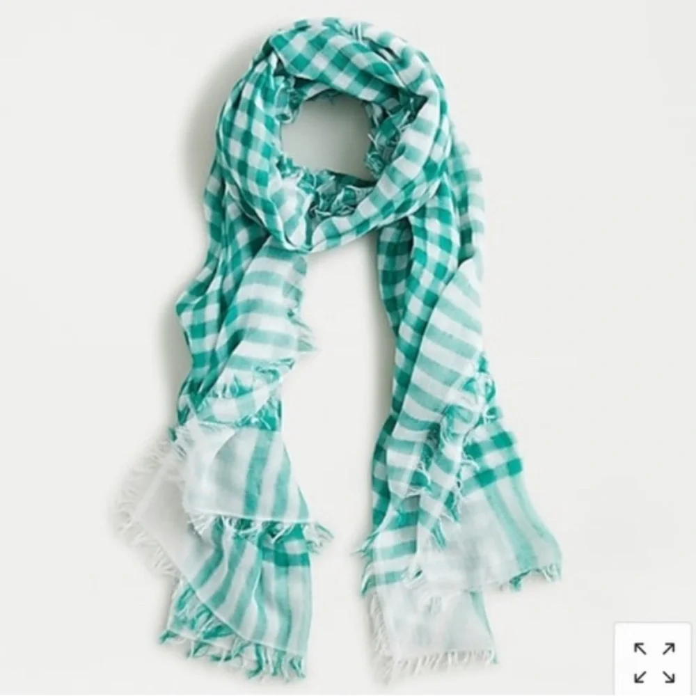 NWT J. Crew Lightweight Gingham Fringe-Trim Scarf - Kelly Green